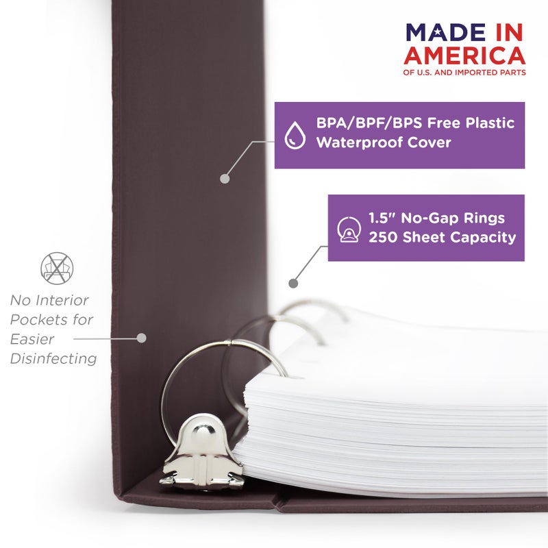 Carstens 1.5-Inch Heavy Duty 3-Ring Binder - Side Opening, Plum, Durable Plastic, Precision No-Gap Rings, Waterproof Covers, No Pockets, Holds 250 Letter-Size Sheets, BPA-Free, Made in USA (2044-3R) - Image 2